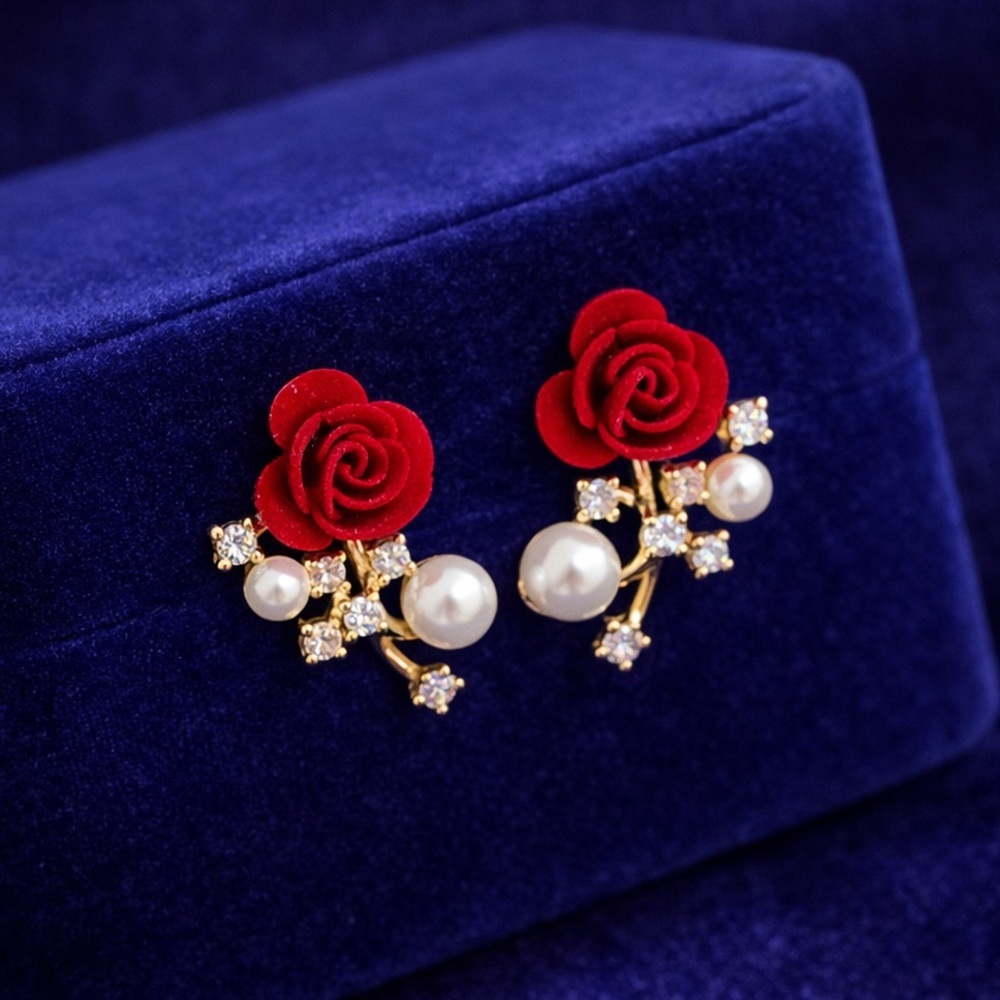 Red Rose Pearl & Crystal Cluster Earrings - Women's Floral Stud